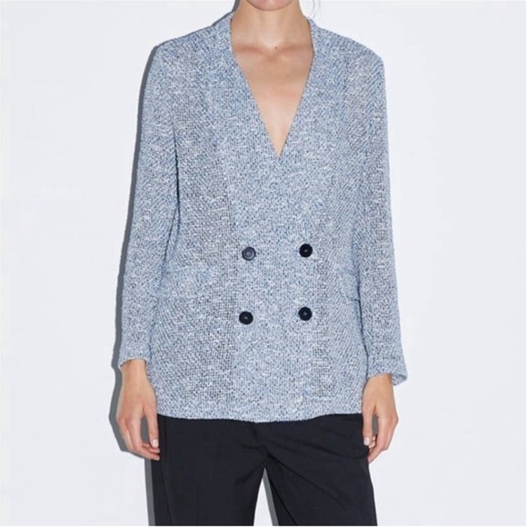 Zara Double Breasted Textured Weave Knit Blazer Cardigan Blue-Small - Picture 2 of 7